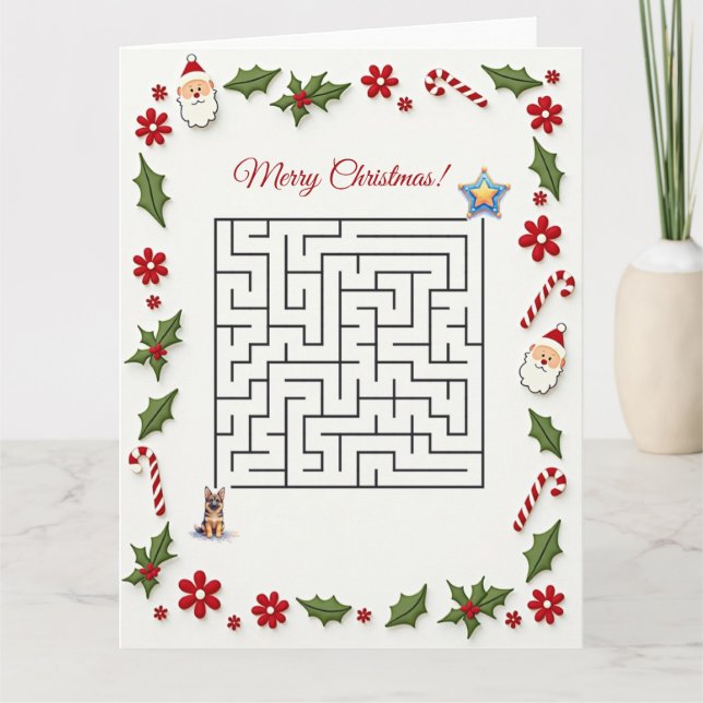 German Shepherd Dog Christmas Maze Puzzle Holiday Card (Front)