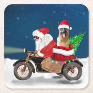 German Shepherd dog Christmas Santa Claus   Square Paper Coaster