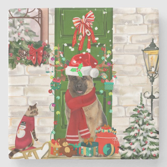 German Shepherd Dog Christmas  Stone Coaster (Front)