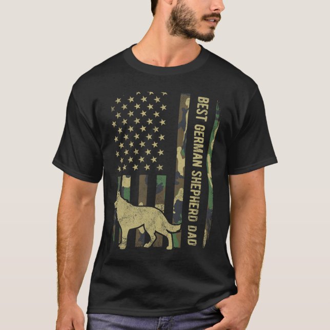 German Shepherd Dog Dad Camouflage American Flag  T-Shirt (Front)