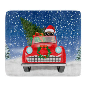 German Shepherd Dog Driving Car In Snow Christmas Cutting Board