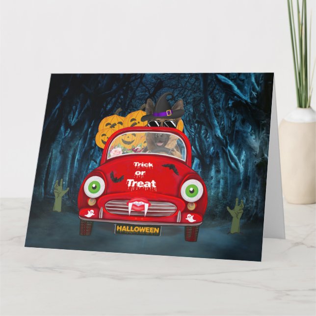German Shepherd Dog Driving Car Scary Halloween Card (Front)