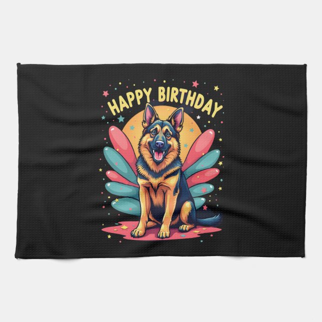 German Shepherd Dog Happy Birthday Party Shep Clot Kitchen Towel (Horizontal)