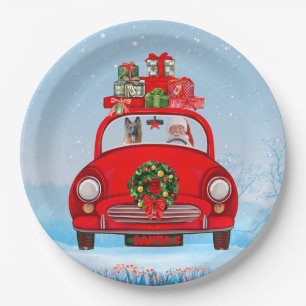 German Shepherd Dog In Car With Santa Claus Paper Plate