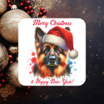 German Shepherd Dog in Santa Hat Christmas   Square Sticker<br><div class="desc">If you love German Shepherds and want cute Christmas stickers then here ya go! Cute watercolor style ai art German Shepherd in Santa Hat.</div>