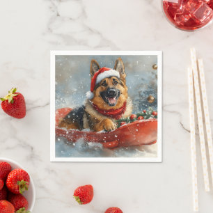 German Shepherd Dog in Sledge Snow Christmas Napkin