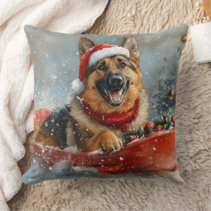 German Shepherd Dog in Sledge Snow Christmas Throw Pillow