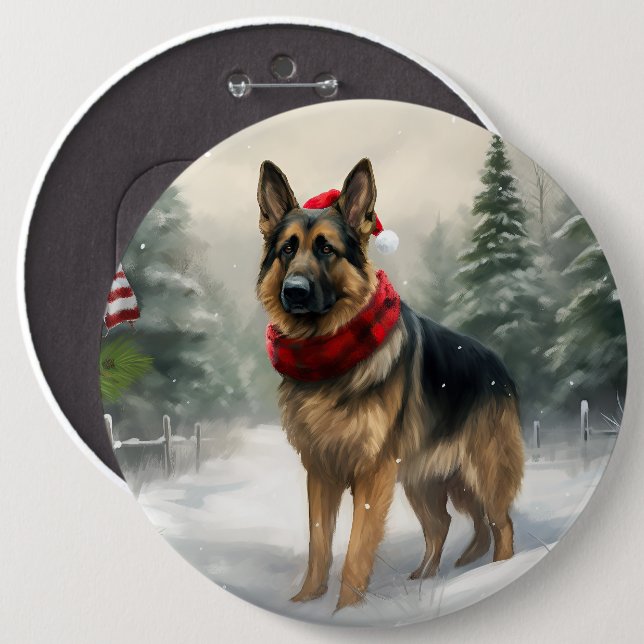 German Shepherd Dog in Snow Christmas 6 Inch Round Button (Front & Back)