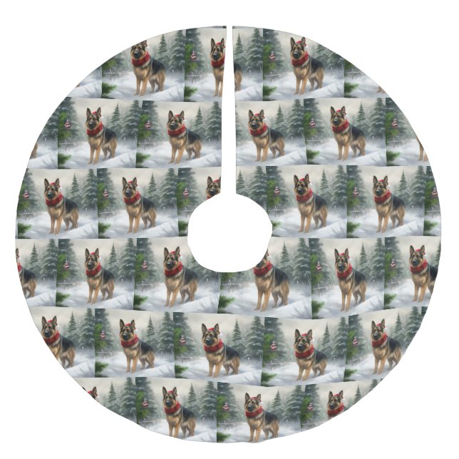 German Shepherd Dog in Snow Christmas Brushed Polyester Tree Skirt (Front)