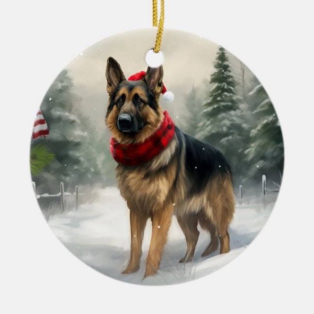 German Shepherd Dog in Snow Christmas Ceramic Ornament (Front)