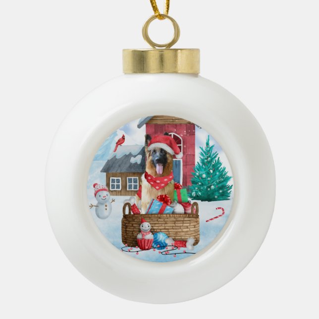 German Shepherd Dog In snow Christmas Dog House Ceramic Ball Christmas Ornament (Front)
