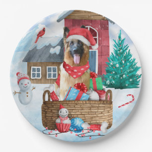 German Shepherd Dog In snow Christmas Dog House Paper Plate