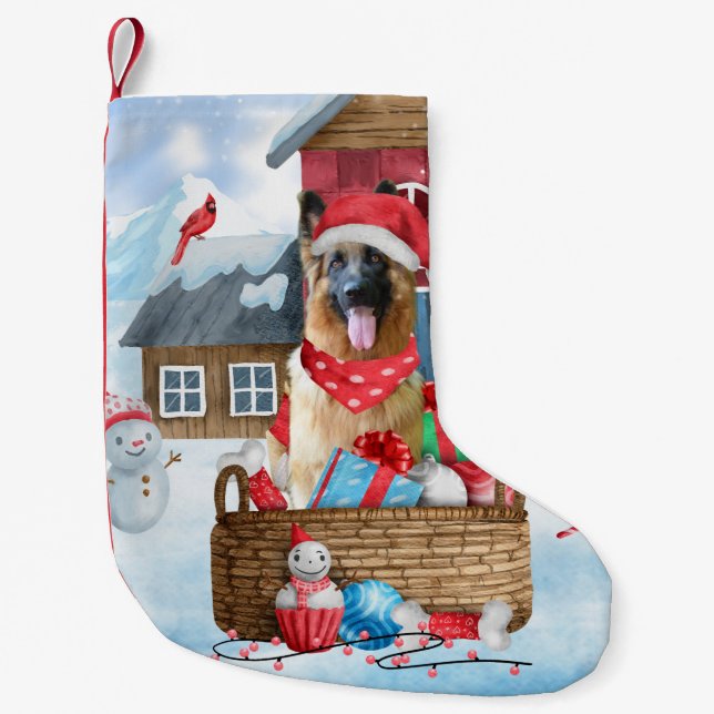 German Shepherd Dog In snow Christmas Dog House Small Christmas Stocking (Front)