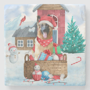 German Shepherd Dog In snow Christmas Dog House Stone Coaster