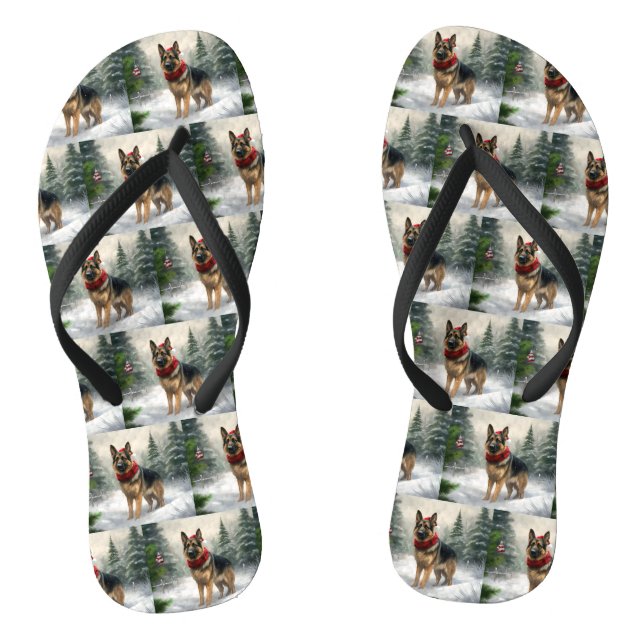 German Shepherd Dog in Snow Christmas Flip Flops (Footbed)