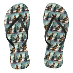 German Shepherd Dog in Snow Christmas Flip Flops