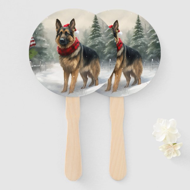 German Shepherd Dog in Snow Christmas Hand Fan (Front and Back)