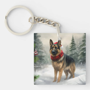 German Shepherd Dog in Snow Christmas Keychain