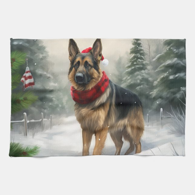 German Shepherd Dog in Snow Christmas Kitchen Towel (Horizontal)