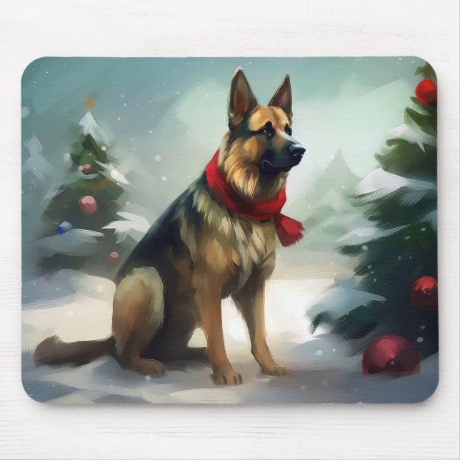 German Shepherd Dog in Snow Christmas Mouse Pad (Front)