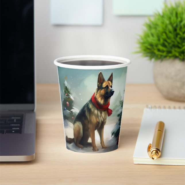 German Shepherd Dog in Snow Christmas Paper Cups (Insitu)