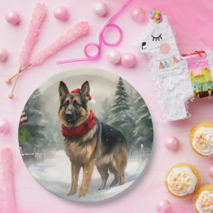 German Shepherd Dog in Snow Christmas Paper Plate