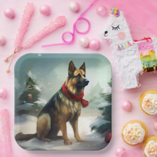 German Shepherd Dog in Snow Christmas Paper Plate
