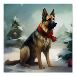 German Shepherd Dog in Snow Christmas Poster