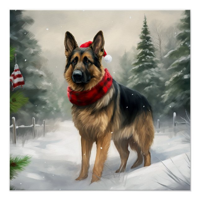 German Shepherd Dog in Snow Christmas Poster (Front)