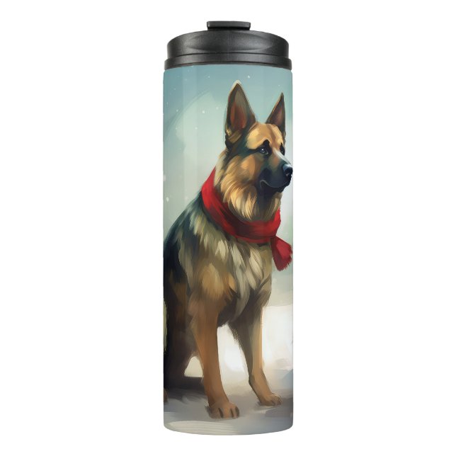 German Shepherd Dog in Snow Christmas Thermal Tumbler (Front)
