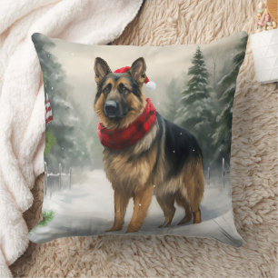 German Shepherd Dog in Snow Christmas Throw Pillow