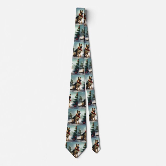 German Shepherd Dog in Snow Christmas Tie (Front)