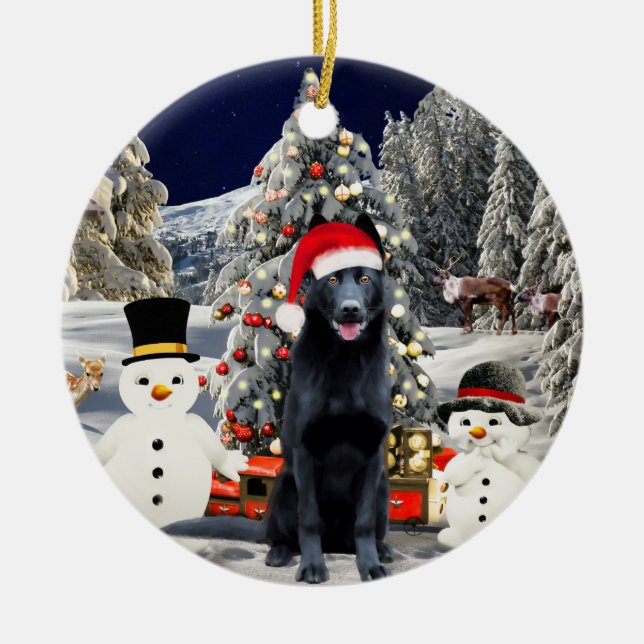 German Shepherd Dog  In Snow Santa Hat Lights Ceramic Ornament (Front)