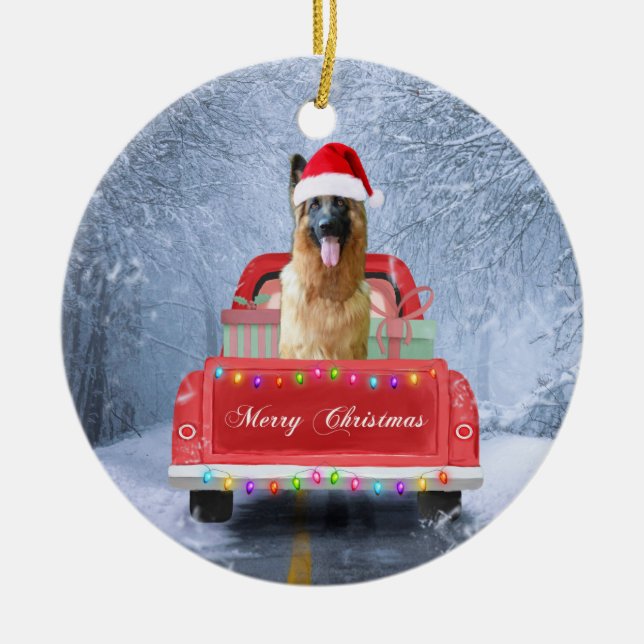 German Shepherd Dog in Snow sitting in Christmas  Ceramic Ornament (Front)