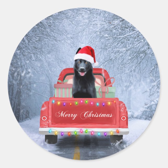 German Shepherd Dog in Snow sitting in Christmas Classic Round Sticker (Front)