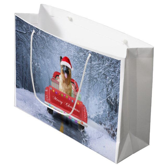 German Shepherd Dog in Snow sitting in Christmas Large Gift Bag (Front Angled)