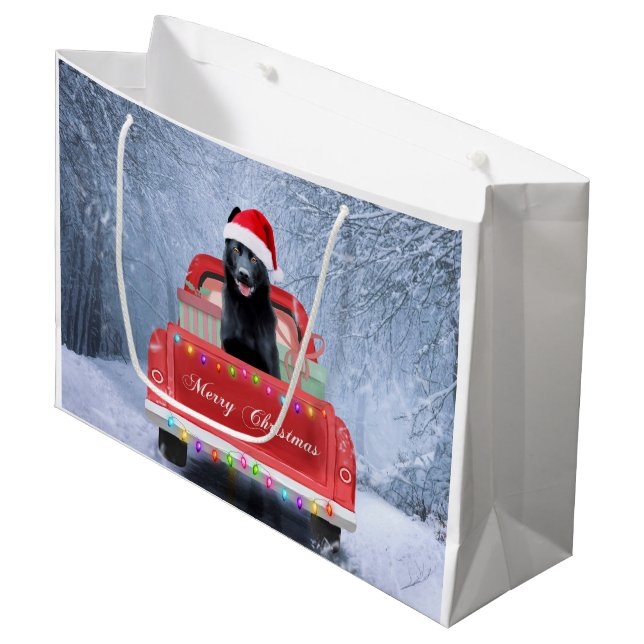 German Shepherd Dog in Snow sitting in Christmas Large Gift Bag (Front Angled)