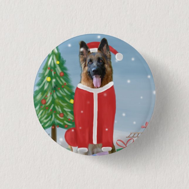 German Shepherd Dog in Snow with Christmas Gifts   1 Inch Round Button (Front)
