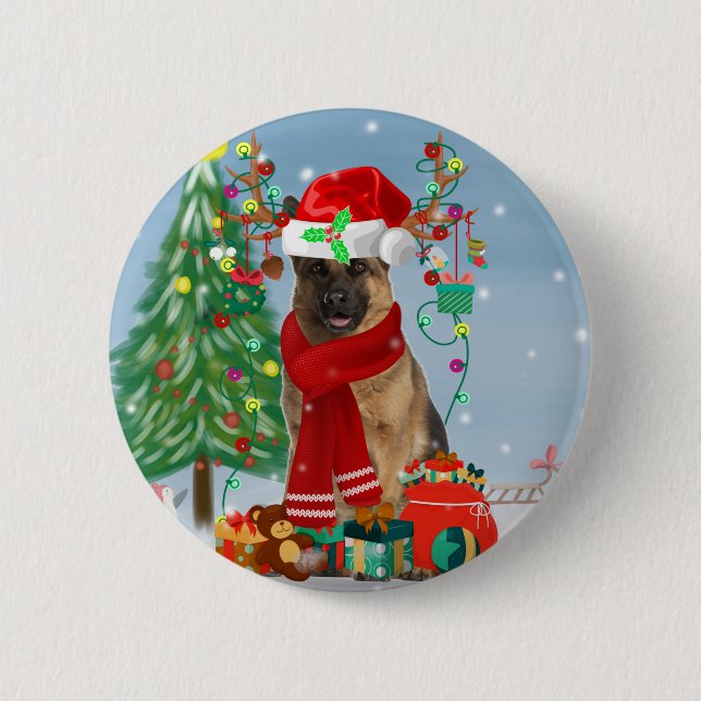 German Shepherd Dog in Snow with Christmas Gifts  2 Inch Round Button (Front)
