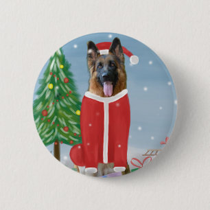 German Shepherd Dog in Snow with Christmas Gifts   2 Inch Round Button