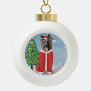 German Shepherd Dog in Snow with Christmas Gifts   Ceramic Ball Christmas Ornament