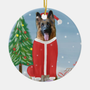 German Shepherd Dog in Snow with Christmas Gifts Ceramic Ornament