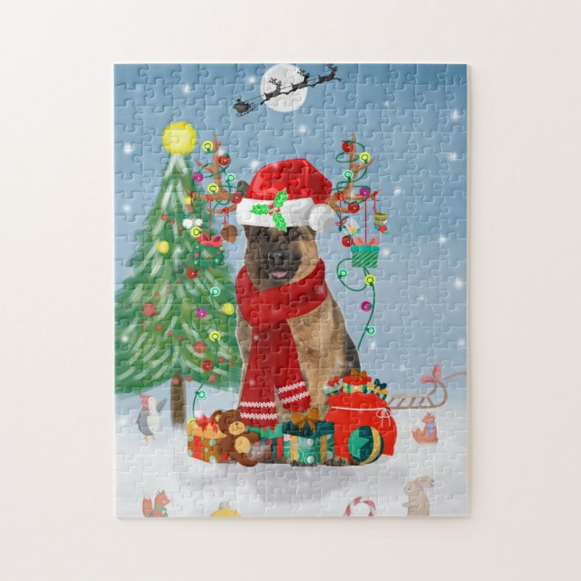 German Shepherd Dog in Snow with Christmas Gifts  Jigsaw Puzzle (Vertical)