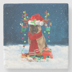 German Shepherd Dog in Snow with Christmas Gifts  Stone Coaster