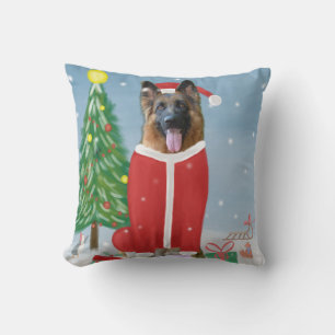 German Shepherd Dog in Snow with Christmas Gifts  Throw Pillow