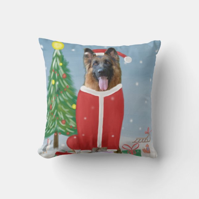 German Shepherd Dog in Snow with Christmas Gifts  Throw Pillow (Front)