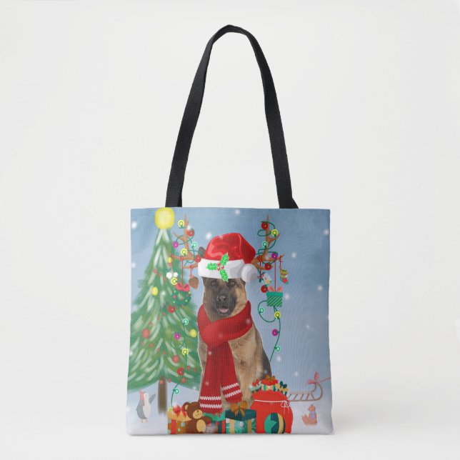 German Shepherd Dog in Snow with Christmas Gifts  Tote Bag (Front)
