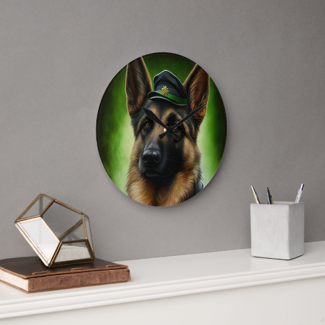 German Shepherd Dog in St. Patrick's Day Dress  Th Large Clock (Office)