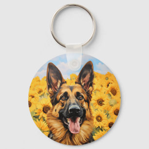 German Shepherd dog in sunflowers Keychain