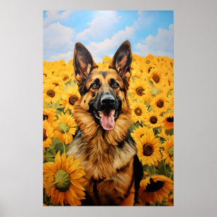 German Shepherd dog in sunflowers Poster